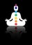 Sitting Buddha silhouette in meditation with chakras. Seven chakras, energy body and Yogi meditating in the lotus position