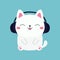Sitting cat in black headphones earphones. Kitten listen to music with closed eyes, pink tongue, ears. Cute cartoon kawaii funny