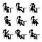 Sitting on chair at desk stick figure woman side view pictogram vector icon set. Girl silhouette happy, comfy, sad, tired sign