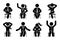 Sitting on chair stick figure business man and woman different poses pictogram vector icon set