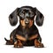 Sitting dachshund isolated on white created with Generative AI. Cute little dog with brown fur..