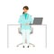 Sitting doctor woman in lab coat. Smiling, talking