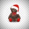 Sitting fluffy cute brown teddy bear with christmas santa claus hat a red bow. Children`s toy isolated on transparent background.