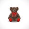 Sitting fluffy cute brown teddy bear with a red bow. Children`s toy isolated on a white background. Realistic vector illustration