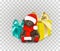 Sitting fluffy cute brown teddy bear toy with christmas santa claus hat and red long scarf. Children`s toy isolated on transparen