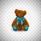 Sitting fluffy cute red brown or rufous teddy bear with bright blue ribbon or bow. Children`s toy isolated on transparent