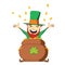 Sitting inside pot of gold coins falling from sky. Green suite leprechaun celebrating Irish festival