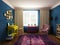 Sitting room and cabinet in bright colors, vintage furniture and pop art style