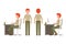 Sitting, typing on key board, standing front and back view boy character. Young, smiling red hair businessman vector