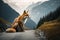Sitting wild red fox on the road for tourists high in the mountains, illustration with copy space.
