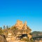 SIURANA DE PRADES, SPAIN - OCTOBER 5, 2017: View of the ruins of the castle of Siuran. Copy space for text.