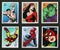 Six american stamps with portraits of super heroes