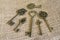 Six antiquarian bronze keys on burlap