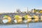 Six arch, section, of a 1500s, limestone bridge crossing the Seine river, in France