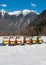 Six beehives in snowy mountains