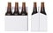 Six brown beer bottles in white corton pack. Side view and front view. 3D render, isolated on white background.