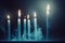 Six candles in a darkened room, with smoke floating around the candles with Generative AI