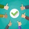 Six cartoon Businessmans hands hold thumbs up. positive checkmark in center, vector illustration flat design on green