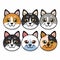 Six cartoon cat faces, various expressions fur colors, simple clean lines, cute feline characters