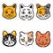 Six cartoon cat heads, different breeds colors, simple illustrations. Cute feline faces, handdrawn