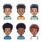 Six cartoon children faces diverse ethnic background cheerful expressions. Young boys