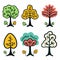 Six colorful cartoon trees, simple doodle style. Trees various leaf shapes, vibrant autumn hues