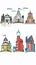 Six colorful handdrawn buildings, various architectural styles, white isolated background