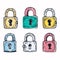Six colorful handdrawn padlocks, security icons, vector graphic. Cartoon style locks, colorful
