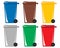 Six colorful wheelie bins for various types of recycling on a white background