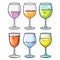 Six colorful wine glasses filled different liquid colors, beverage illustration, cartoon style