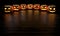 Six creepy Halloween grinning pumpkins glow in the dark with reflections on the floor. 3d rendering