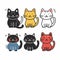 Six cute cartoon cats various colors smiling happily. Diverse set feline characters