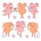 Six cute cartoon piglet stickers Happy and sad pigs with a flower in a hand.