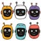 Six cute cartoon robots faces different expressions, colors, isolated white background