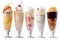 Six Different Flavors Ice Creams in Tall Glasses with a Variety of Toppings on White Background, Generative AI