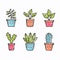 Six different potted plants represent houseplant collection illustration. Colorful pots