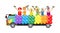 Six drag queens riding on the rainbow colored truck