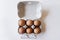 Six eggs pack  on white background