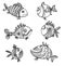 Six fish doodle monochrome pattern