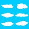 Six fluffy minimalist clouds icon set with blue background