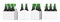 Six green beer bottles in white corton pack. Four Different views 3D render, isolated on white background.