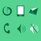 Six green web icons: power, mobile, envelope, landline, volume symbols