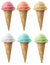 Six ice cream cones of 6 different flavors