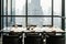 Six people dinner table with plates, knives, forks, wine glasses, glasses and napkins on marble table top with Bangkok cityscape.