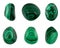 Six pieces good quality green malachites isolated on white background