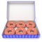 Six pink donuts in blue box. Side view. 3D render