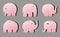 Six pink shiny cartoon elephants isolate on a gray background.