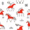 Six red horses seamless pattern. National scandinavian paintings. Folk handicrafts. Enchanting original ornaments