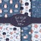 Six seamless patterns set of Good Night concep. Cute sheep on moon, spuirrel on pillow, penguin in sleep mask and bunny on balloon