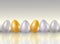 A six shining dyed in metallic gold, silve, platinum colors chicken eggs on light gray background with reflaction. Healthy food. D